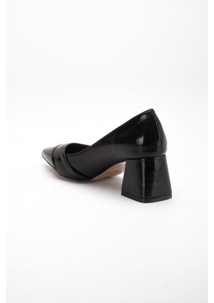 Siyah Büyük Beden Kadın Topuklu Ayakkabı Rugan Kalın Topuklu Sivri Burun indirimleri