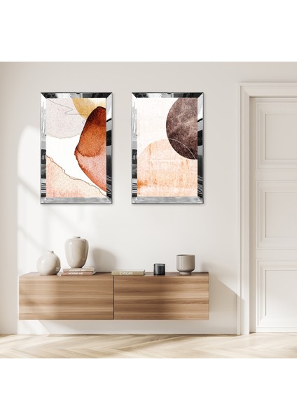 Gümüş Aynalı Pleksi Çerçeveli Krem Rengi Soyut Çizim Dekoratif Ikili Mdf Tablo Seti