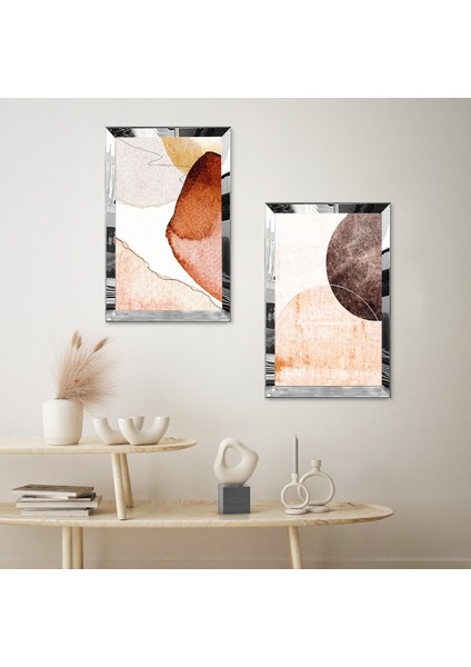 Gümüş Aynalı Pleksi Çerçeveli Krem Rengi Soyut Çizim Dekoratif Ikili Mdf Tablo Seti fiyatları