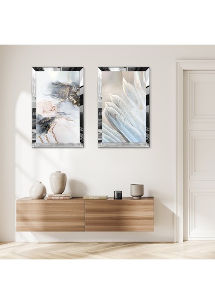 Gümüş Aynalı Pleksi Çerçeveli Beyaz Çiçekler Ikili Mdf Tablo Seti
