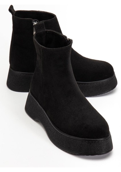 Kadın Bot Siyah Süet Kalın Taban Bağsız Yüzüdüz