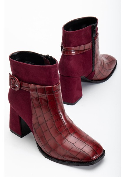 Süet ve Kroko Deri Küçük Kemerli Bordo Kadın Kalın Topuklu Bot