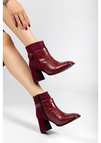Süet ve Kroko Deri Küçük Kemerli Bordo Kadın Kalın Topuklu Bot fiyatları