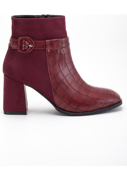 Süet ve Kroko Deri Küçük Kemerli Bordo Kadın Kalın Topuklu Bot modelleri