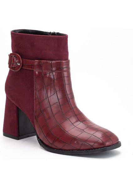 Süet ve Kroko Deri Küçük Kemerli Bordo Kadın Kalın Topuklu Bot fırsatları