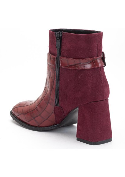 Süet ve Kroko Deri Küçük Kemerli Bordo Kadın Kalın Topuklu Bot indirimleri