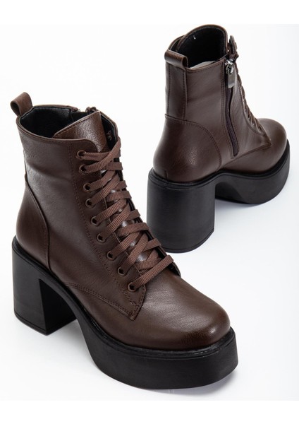 Kahverengi Kadın Platform Topuklu Bot Bağcıklı Fermuarlı