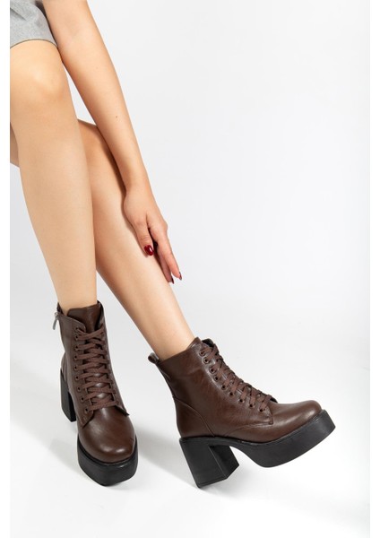 Kahverengi Kadın Platform Topuklu Bot Bağcıklı Fermuarlı fiyatları