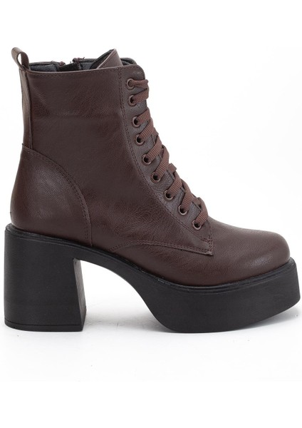 Kahverengi Kadın Platform Topuklu Bot Bağcıklı Fermuarlı modelleri