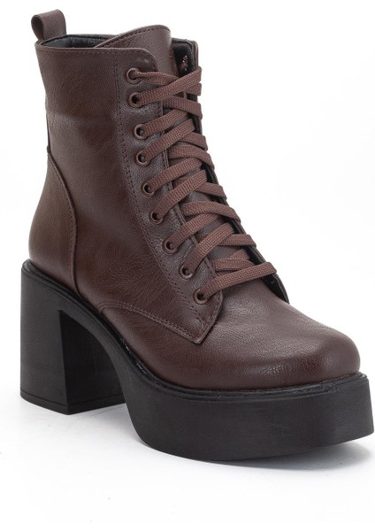Kahverengi Kadın Platform Topuklu Bot Bağcıklı Fermuarlı fırsatları