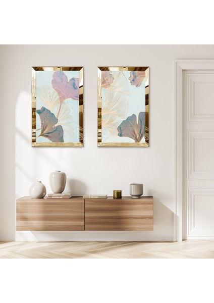 Gold Aynalı Pleksi Çerçeveli Dekoratif Soyut Gül Ikili Mdf Tablo Seti