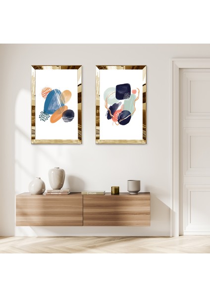 Gold Aynalı Pleksi Çerçeveli Beyaz Arka Planlı Dekoratif Renkli Soyut Şekiller Ikili Mdf Tablo Seti
