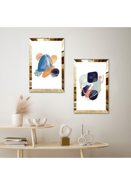 Gold Aynalı Pleksi Çerçeveli Beyaz Arka Planlı Dekoratif Renkli Soyut Şekiller Ikili Mdf Tablo Seti fiyatları