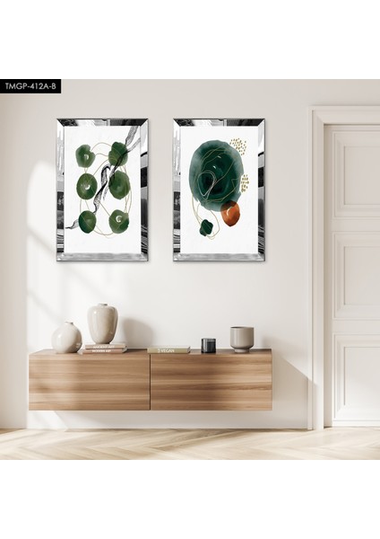 Gümüş Aynalı Pleksi Çerçeveli Beyaz Arka Planlı Kapalı Yeşil Şekiller Dekoratif Ikili Mdf Tablo Seti