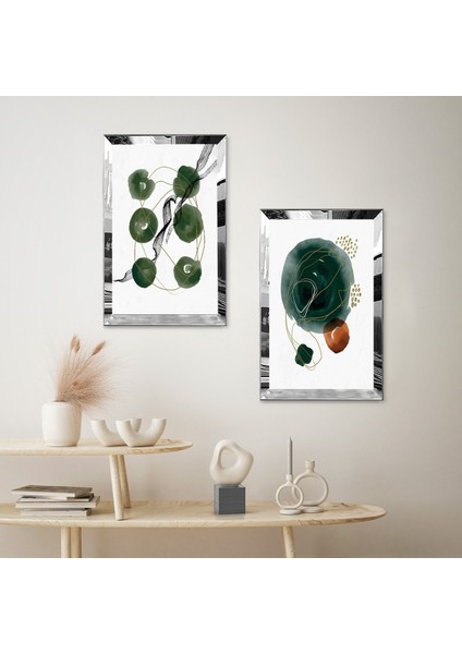Gümüş Aynalı Pleksi Çerçeveli Beyaz Arka Planlı Kapalı Yeşil Şekiller Dekoratif Ikili Mdf Tablo Seti fiyatları