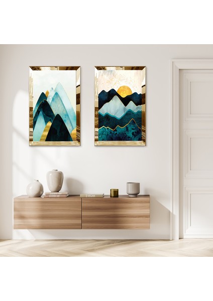 Gold Aynalı Pleksi Çerçeveli Gece Soyut Dağ Manzaralı Ikili Mdf Tablo Seti