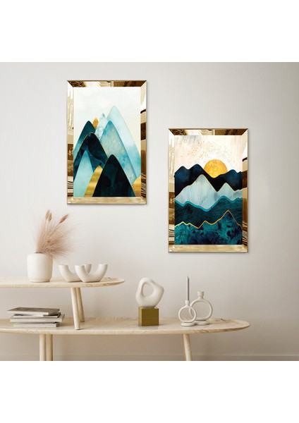 Gold Aynalı Pleksi Çerçeveli Gece Soyut Dağ Manzaralı Ikili Mdf Tablo Seti fiyatları