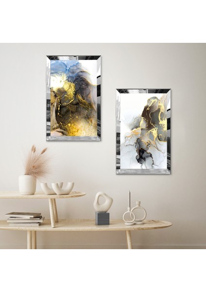 Gümüş Aynalı Pleksi Çerçeveli Renkli Desenler Modern Ikili Mdf Tablo Seti fiyatları