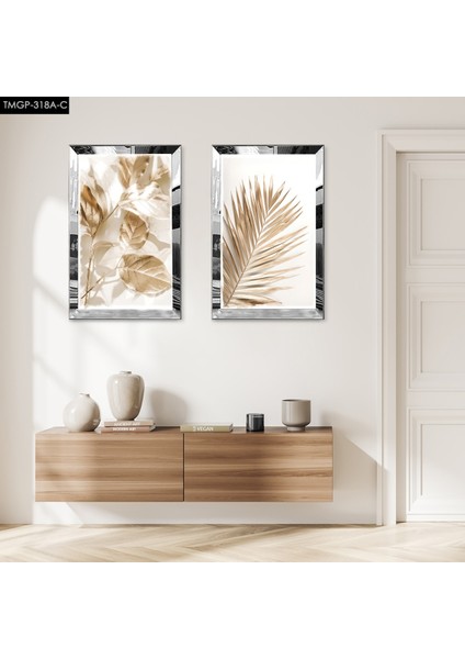 Gümüş Aynalı Pleksi Çerçeveli Beyaz Arka Planlı Gold Çiçek Modern Ikili Mdf Tablo Seti