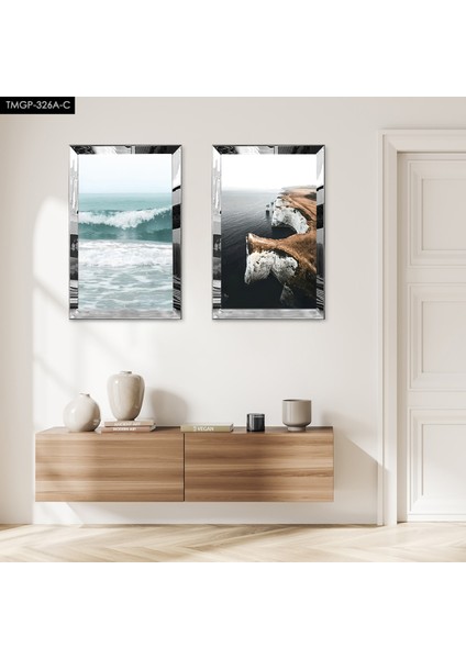 Gümüş Aynalı Pleksi Çerçeveli Soyut Deniz Manzaralı Modern Ikili Mdf Tablo Seti
