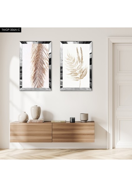 Gümüş Aynalı Pleksi Çerçeveli Beyaz Arka Planlı Modern Soyut Çiçek Ikili Mdf Tablo Seti