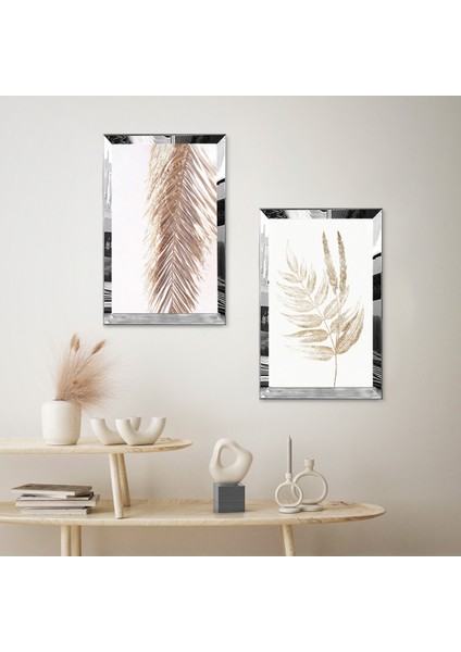 Gümüş Aynalı Pleksi Çerçeveli Beyaz Arka Planlı Modern Soyut Çiçek Ikili Mdf Tablo Seti fiyatları