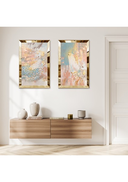 Gold Aynalı Pleksi Çerçeveli Renkli Arka Planlı Dekoratif Soyut Desenler Ikili Mdf Tablo Seti
