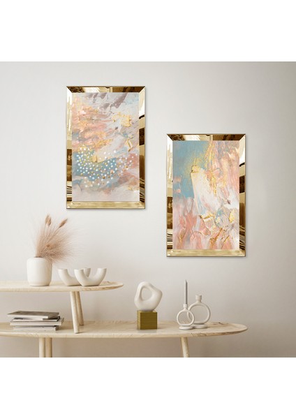 Gold Aynalı Pleksi Çerçeveli Renkli Arka Planlı Dekoratif Soyut Desenler Ikili Mdf Tablo Seti fiyatları