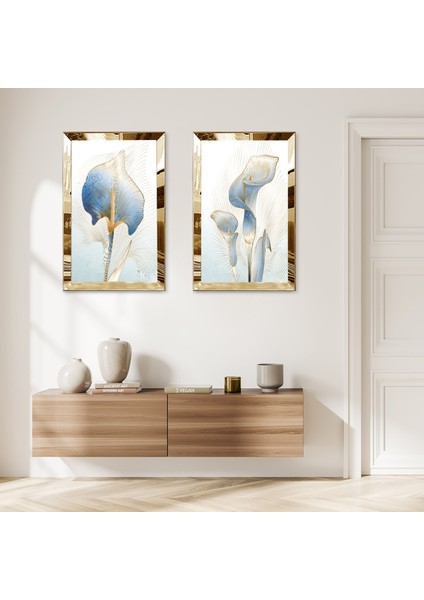 Gold Aynalı Pleksi Çerçeveli Mavi Soyut Çiçek Ikili Mdf Tablo Seti