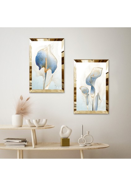 Gold Aynalı Pleksi Çerçeveli Mavi Soyut Çiçek Ikili Mdf Tablo Seti fiyatları