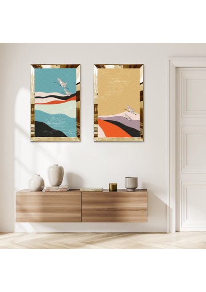 Gold Aynalı Pleksi Çerçeveli Havada Uçan Kuşlar Dekoratif Ikili Mdf Tablo Seti