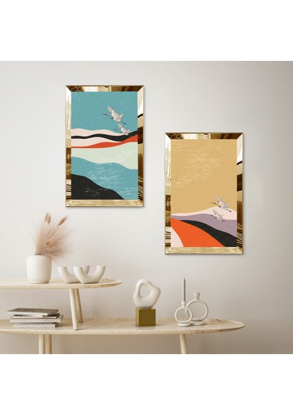 Gold Aynalı Pleksi Çerçeveli Havada Uçan Kuşlar Dekoratif Ikili Mdf Tablo Seti fiyatları