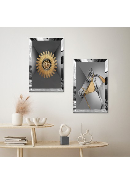 Gümüş Aynalı Pleksi Çerçeveli Gri Arka Planlı Gold Desenli Modern At Ikili Mdf Tablo Seti fiyatları