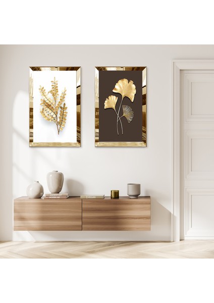 Gold Aynalı Pleksi Çerçeveli Kahverengi Beyaz Arka Planlı Gold Çiçek Ikili Mdf Tablo Seti