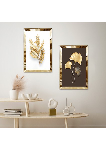Gold Aynalı Pleksi Çerçeveli Kahverengi Beyaz Arka Planlı Gold Çiçek Ikili Mdf Tablo Seti fiyatları