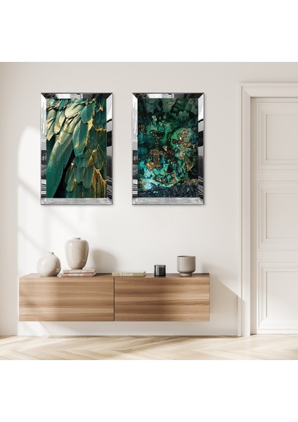 Gümüş Aynalı Pleksi Çerçeveli Yeşil Modern Yapraklar Ikili Mdf Tablo Seti