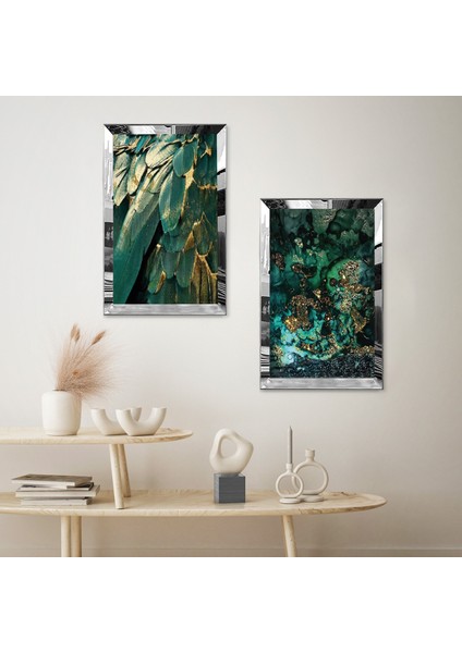 Gümüş Aynalı Pleksi Çerçeveli Yeşil Modern Yapraklar Ikili Mdf Tablo Seti fiyatları