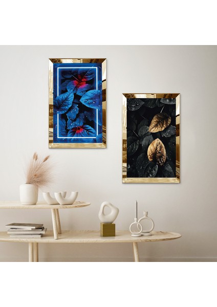 Gold Aynalı Pleksi Çerçeveli Yeşil Mavi Yapraklar Ikili Mdf Tablo Seti fiyatları