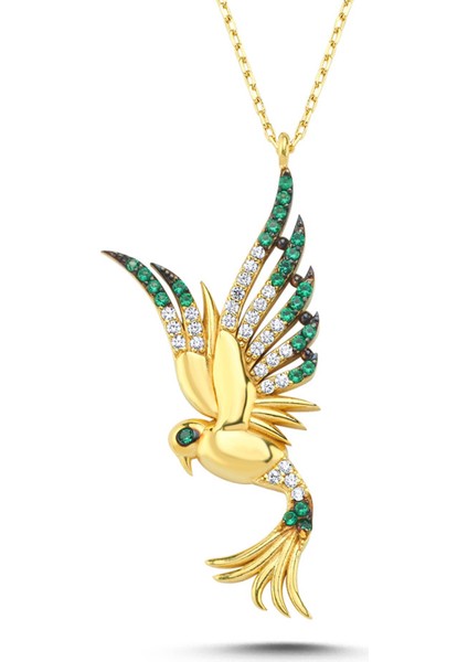 Prenses Yeşil Taşlı Anka Kuşu Altın Kaplama Kolye