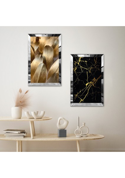 Gümüş Aynalı Pleksi Çerçeveli Siyah Beyaz Arka Planlı Gold Şekiller Ikili Mdf Tablo Seti fiyatları