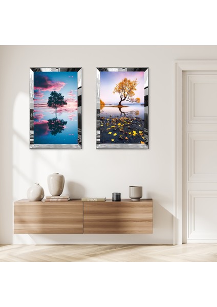 Gümüş Aynalı Pleksi Çerçeveli Denizde Soyut Ağaç Manzarası Ikili Mdf Tablo Seti