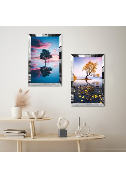 Gümüş Aynalı Pleksi Çerçeveli Denizde Soyut Ağaç Manzarası Ikili Mdf Tablo Seti fiyatları