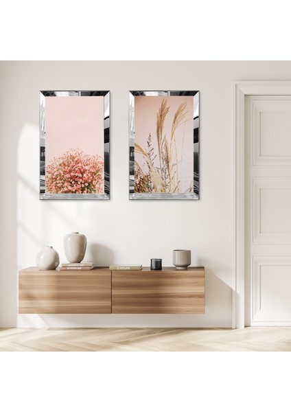 Gümüş Aynalı Pleksi Çerçeveli Pembe ve Beyaz Çiçekler Modern Ikili Mdf Tablo Seti