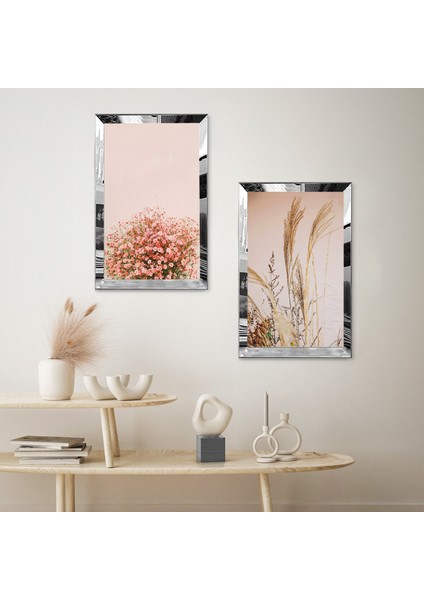 Gümüş Aynalı Pleksi Çerçeveli Pembe ve Beyaz Çiçekler Modern Ikili Mdf Tablo Seti fiyatları