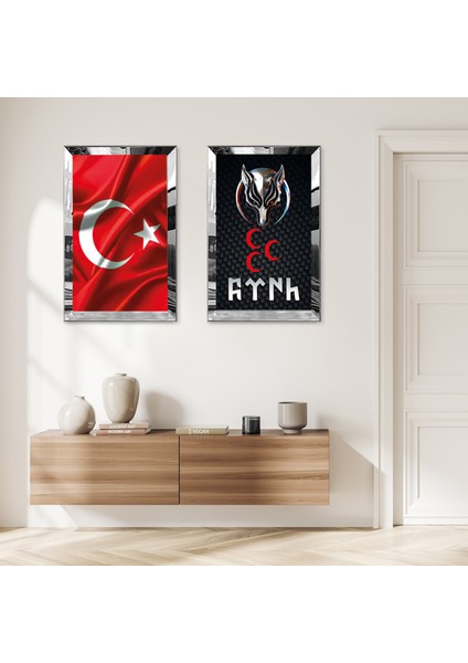 Gümüş Aynalı Pleksi Çerçeveli Türk Bayrağı Ikili Mdf Tablo Seti