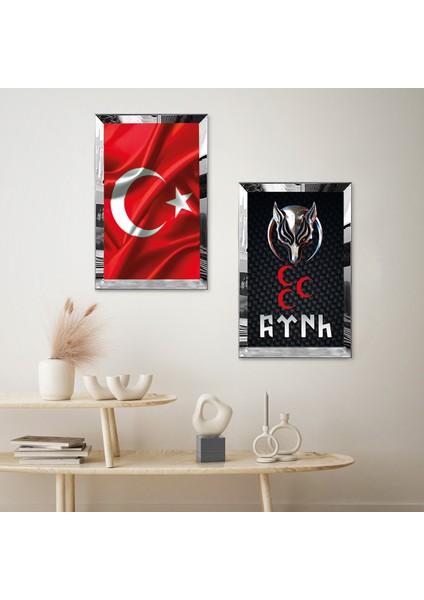Gümüş Aynalı Pleksi Çerçeveli Türk Bayrağı Ikili Mdf Tablo Seti fiyatları