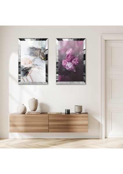 Gümüş Aynalı Pleksi Çerçeveli Mor Çiçekler Ikili Mdf Tablo Seti