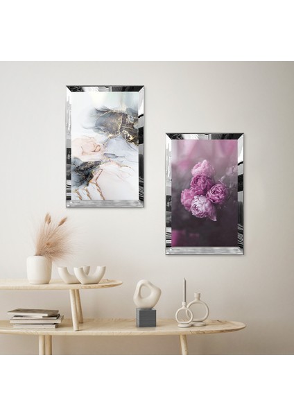 Gümüş Aynalı Pleksi Çerçeveli Mor Çiçekler Ikili Mdf Tablo Seti fiyatları