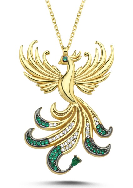 Kraliçe Yeşil Taşlı Anka Kuşu Altın Kaplama Kolye