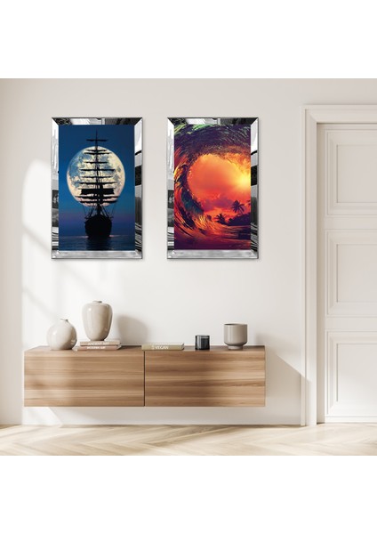 Gümüş Aynalı Pleksi Çerçeveli Yazın Deniz Manzaralı Ikili Mdf Tablo Seti